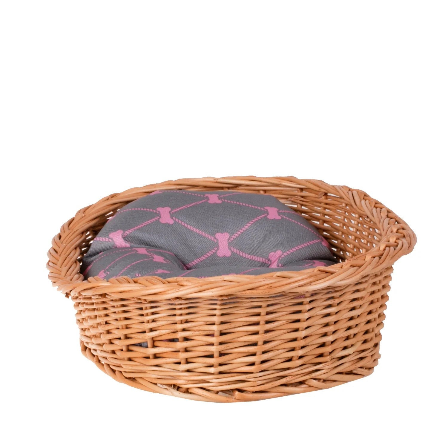 Enovia Natural Wicker Dog Bed With Grey And Pink Cushion, 60x43 cm