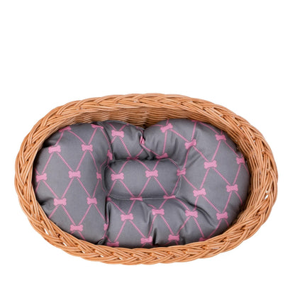 Enovia Natural Wicker Dog Bed With Grey And Pink Cushion, 60x43 cm