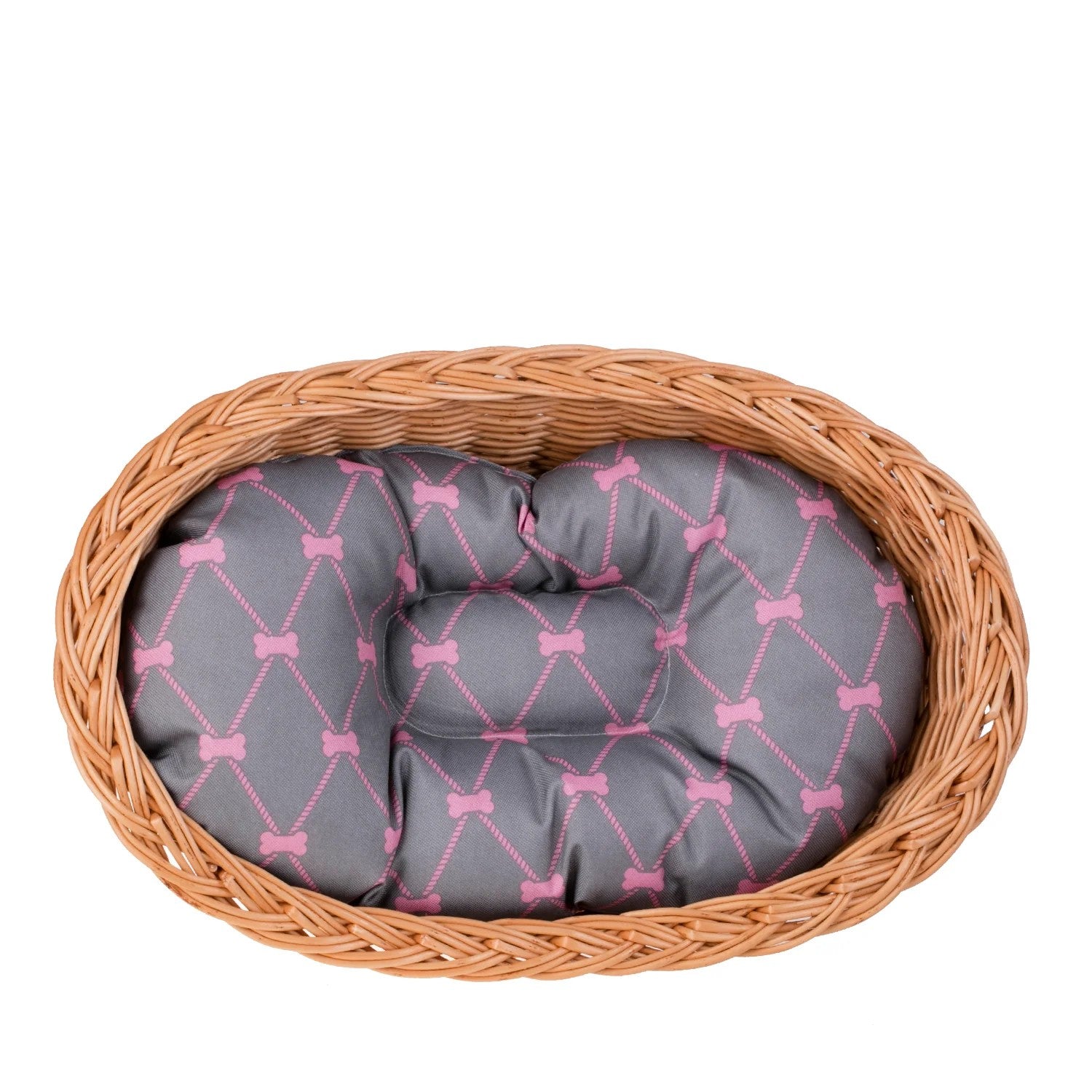 Enovia Natural Wicker Dog Bed With Grey And Pink Cushion, 70x54 cm
