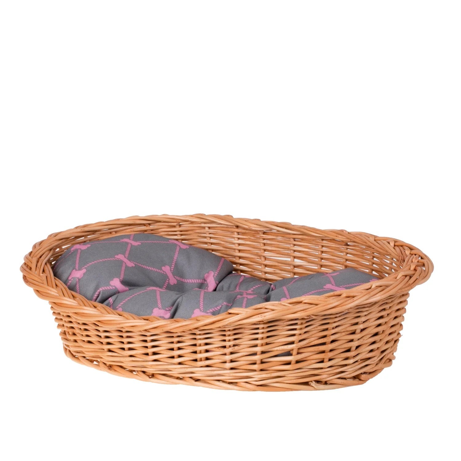 Enovia Natural Wicker Dog Bed With Grey And Pink Cushion,  75x57 cm