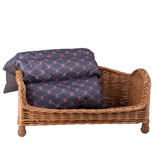 Erivia Wicker Pet Basket With Gray And Pink Cushion, 54x32 cm