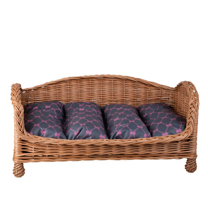 Erivia Wicker Pet Basket With Gray And Pink Cushion, 54x32 cm
