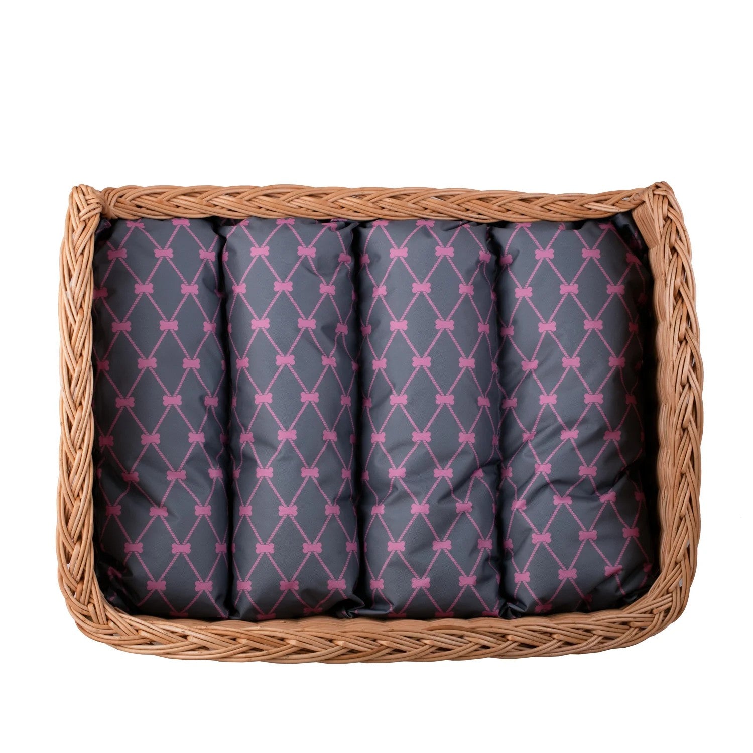 Erivia Wicker Pet Basket With Gray And Pink Cushion, 54x32 cm