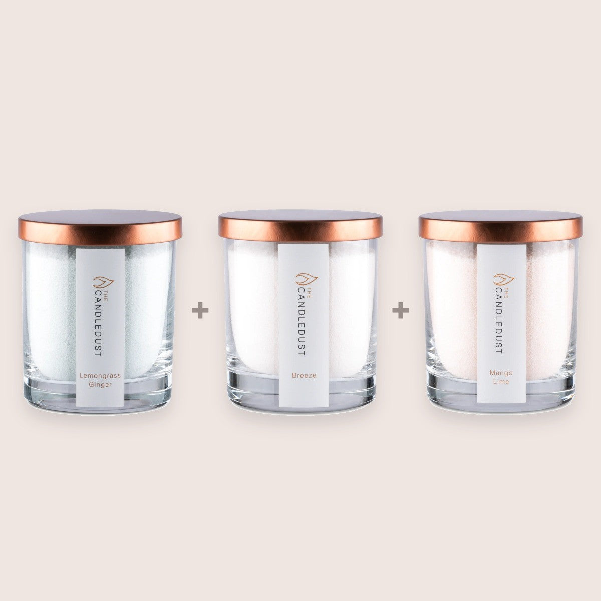 Candledust Fresh Discovery Trio set featuring three 160g scented glass candles in Lemongrass Ginger, Breeze, and Mango Lime