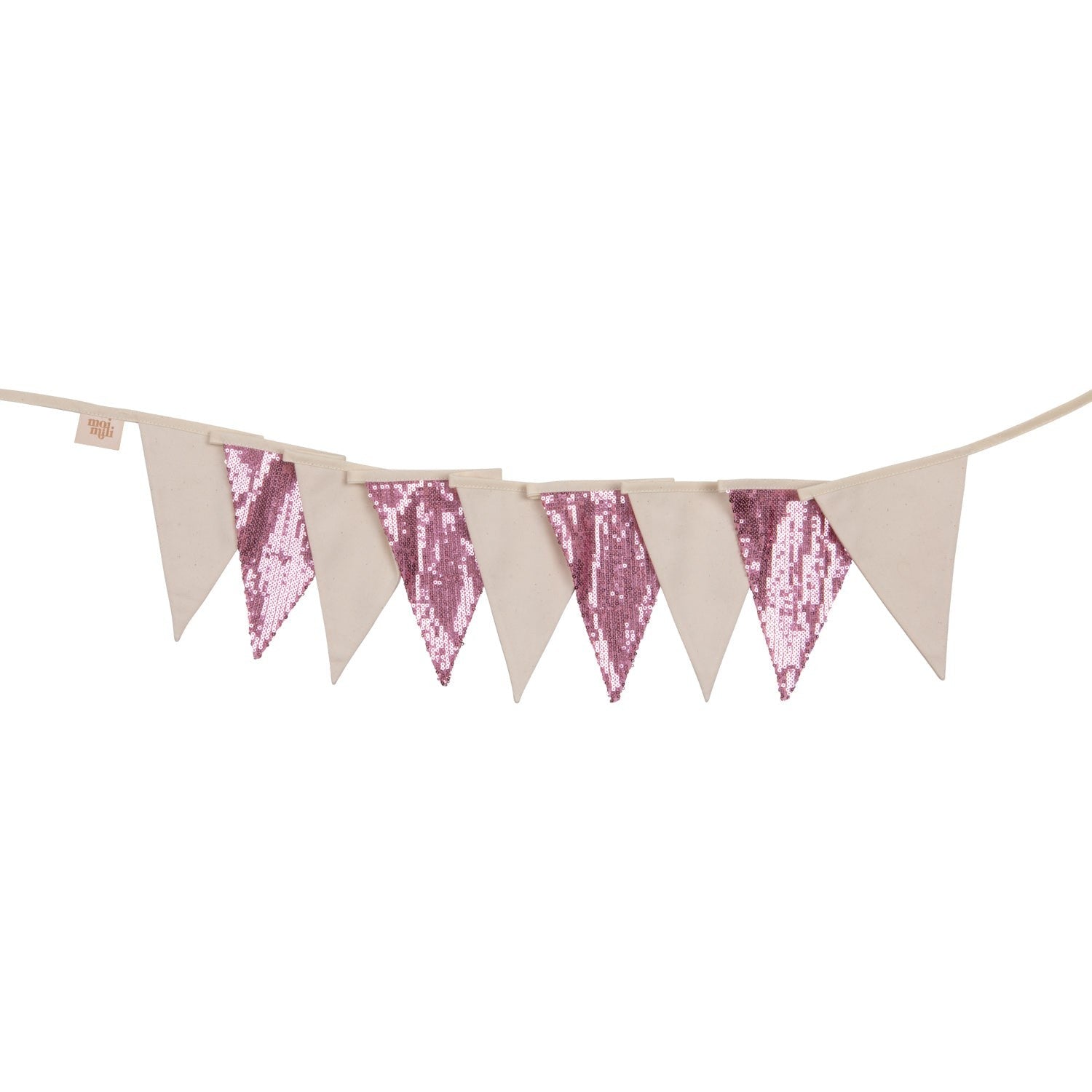 Moi Mili Pink and Beige Sequin Garland - Decorative hanging bunting with pink fabric and gold sequins