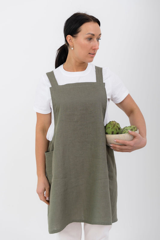 Japanese Style Cross-Back Linen Apron in Olive Green - Front View \| NUSS