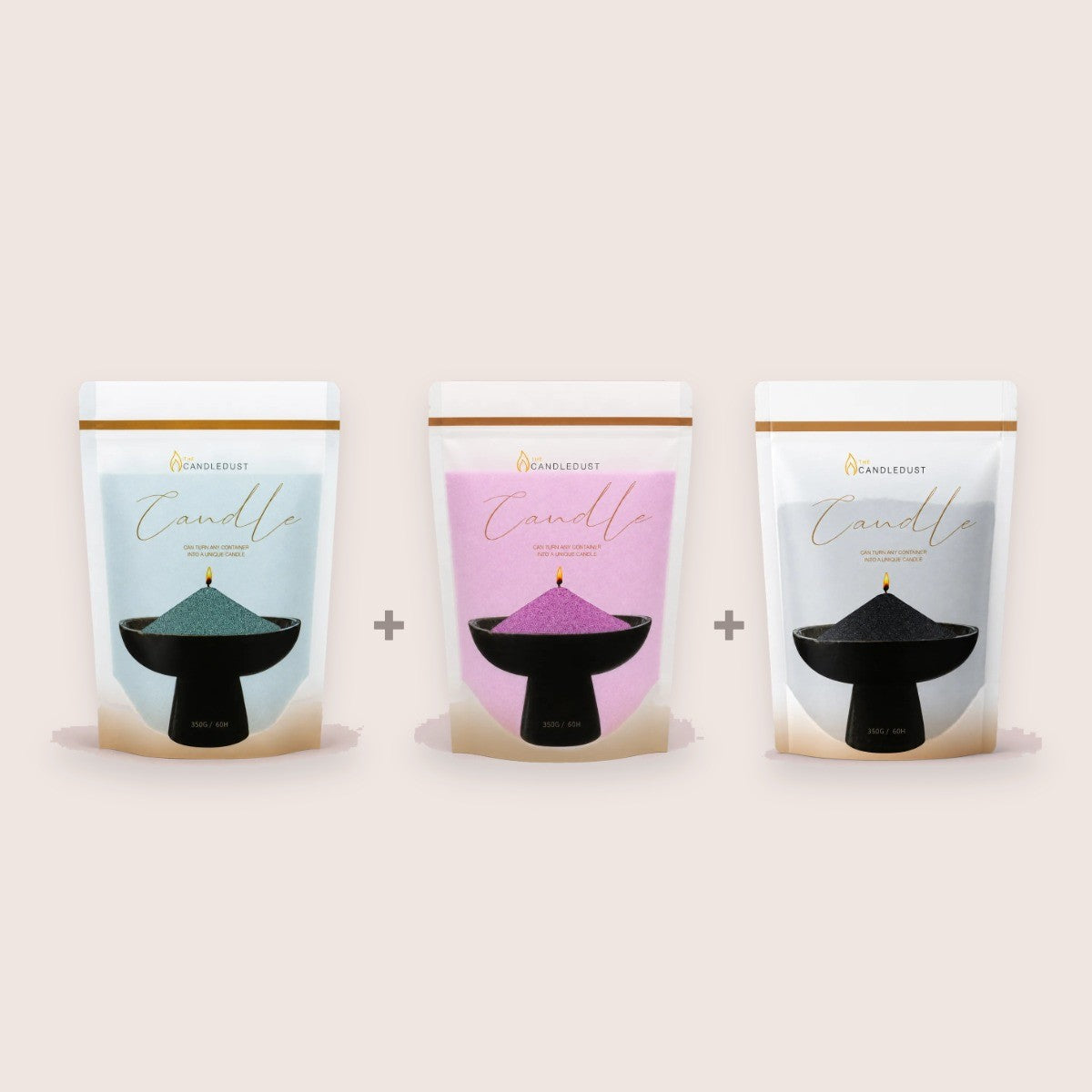 Candledust Jewel Tones Unscented Trio set with three 350g pearled candle sand pouches in Emerald, Amethyst, and Black