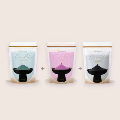 Candledust Jewel Tones Unscented Trio set with three 350g pearled candle sand pouches in Emerald, Amethyst, and Black