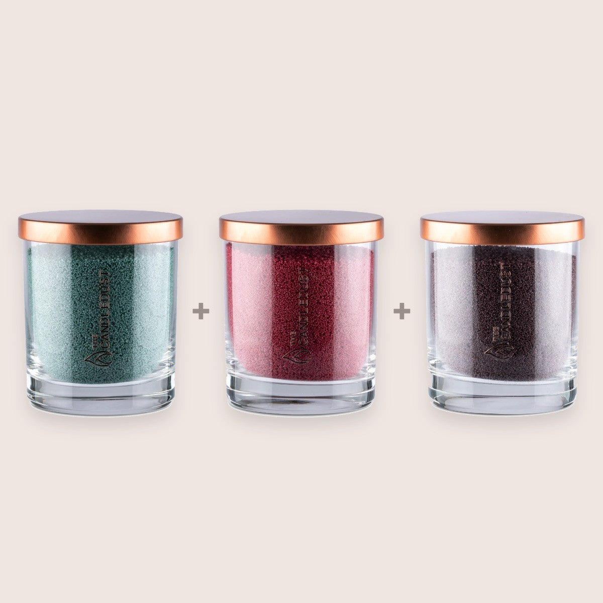 Candledust Jewel Unscented Colour Trio set featuring three 160g glass candles in Emerald, Sangria, and Dark Lilac