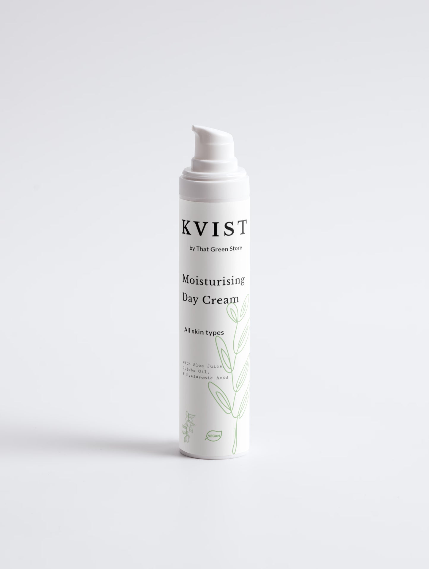 A white pump bottle of KVIST Moisturising Day Cream with black text and light green leaf illustrations, set against a clean white background.