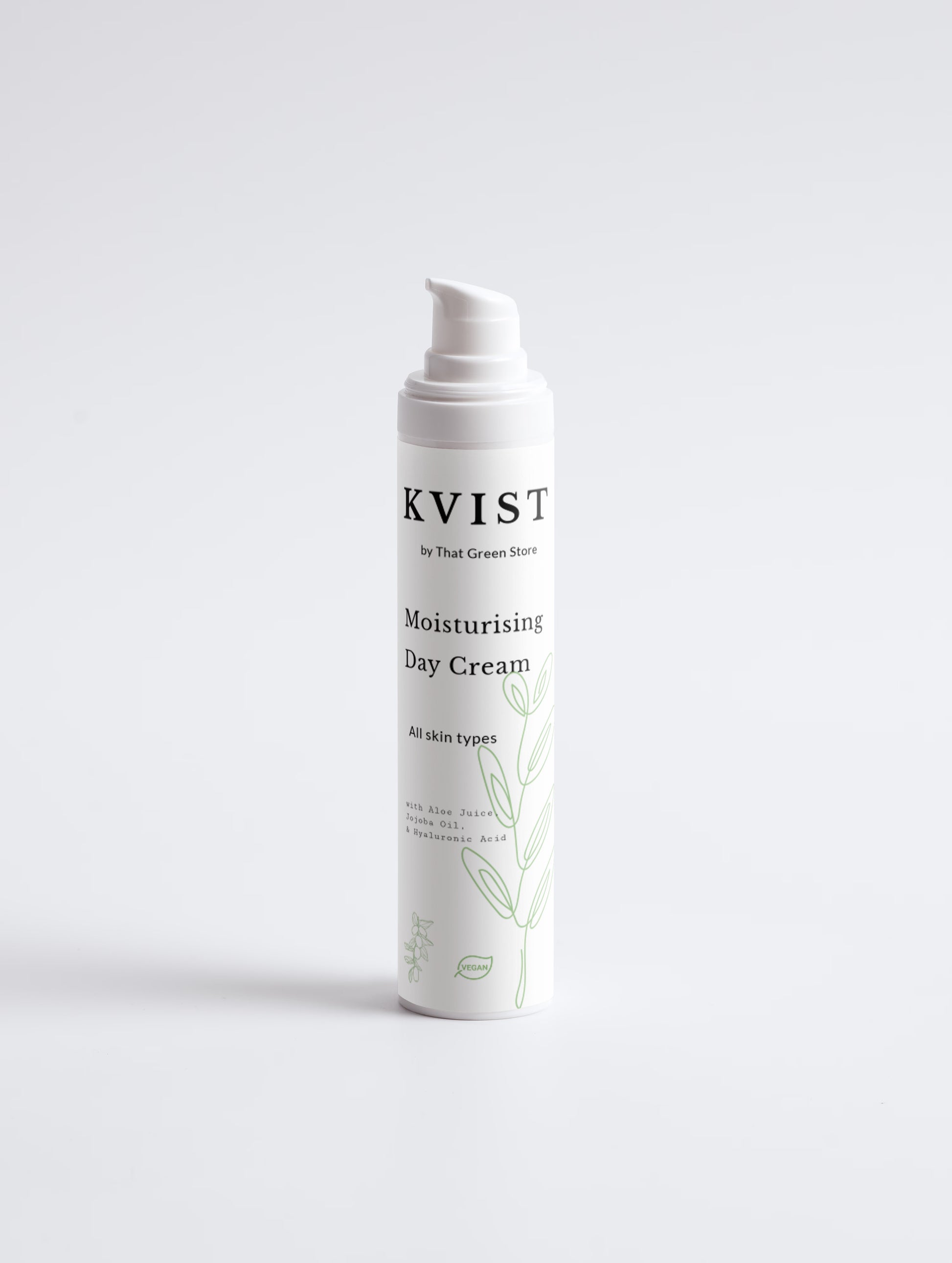 A white pump bottle of KVIST Moisturising Day Cream with black text and light green leaf illustrations, set against a clean white background.