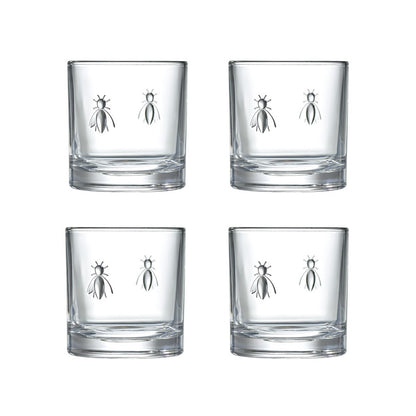 Set of 4 transparent La Rochère Bee whiskey glasses 250ml made of thick French pressed glass