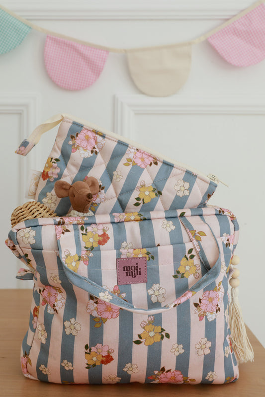 Handmade 100% cotton travel set in Blue Stripes - Front view