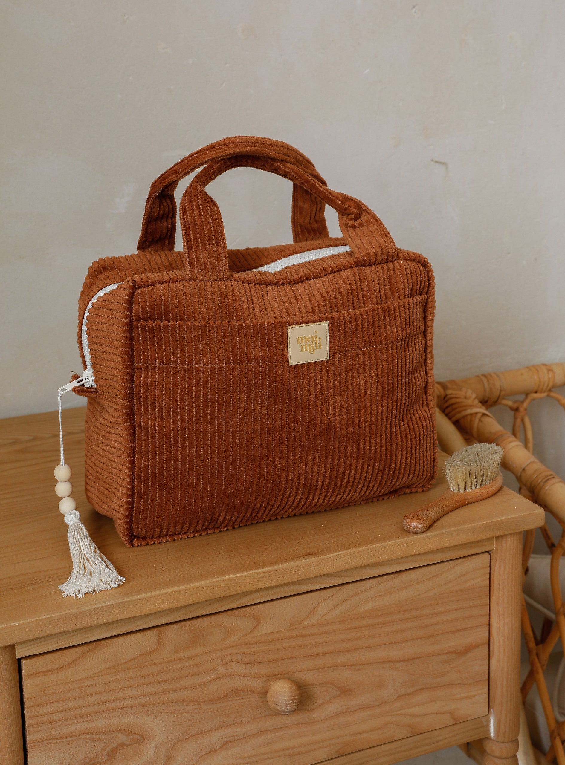 Side View of Moi Mili Large Make-Up Bag Caramel - 100% cotton handmade pouch