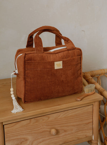 Side View of Moi Mili Large Make-Up Bag Caramel - 100% cotton handmade pouch