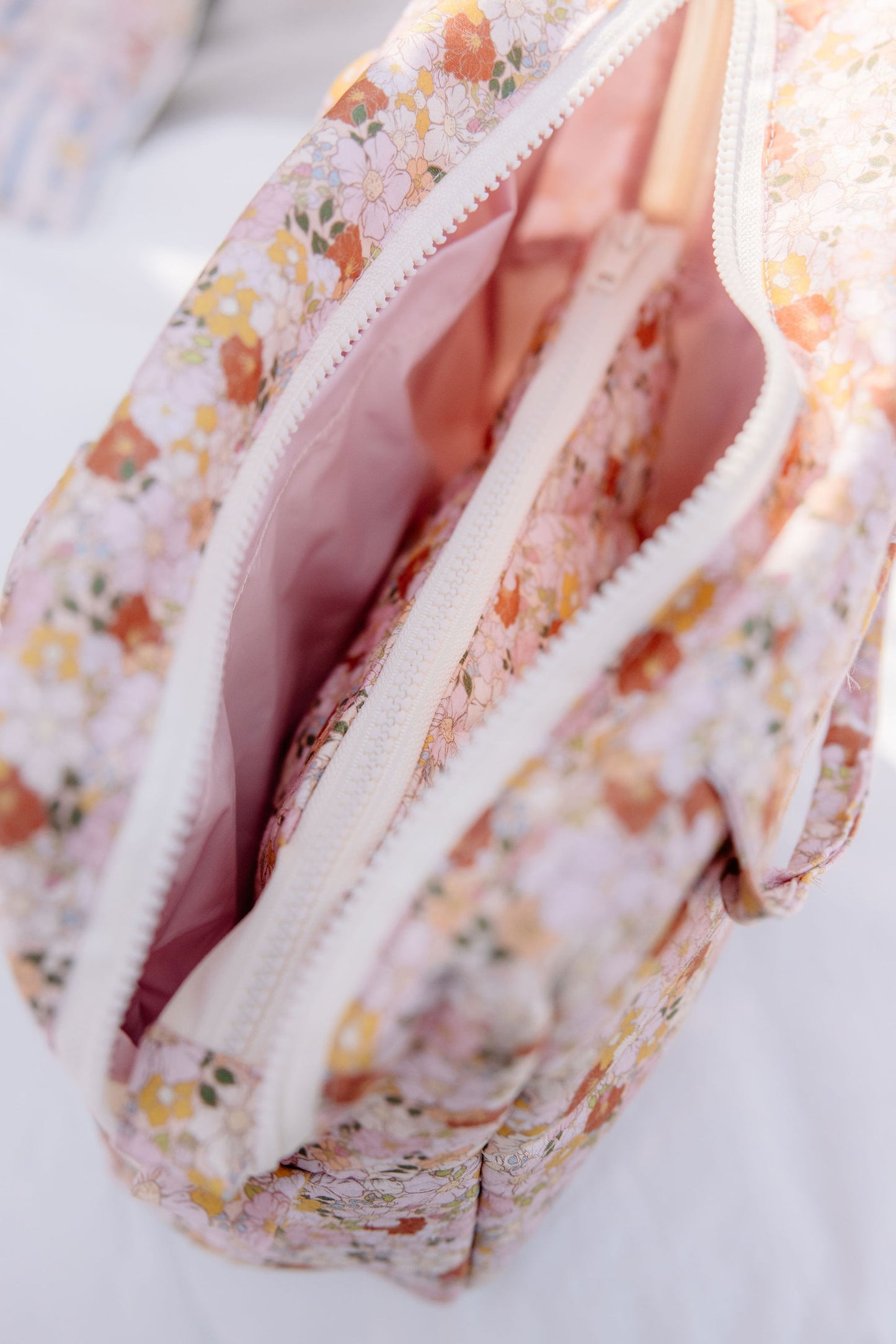 Waterproof inner lining detail of the Spring Garden makeup bag
