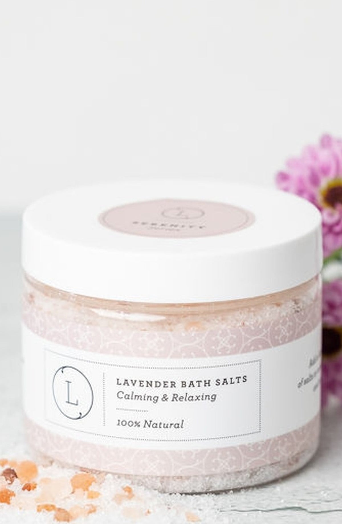 Close up of Lavender Bath Salt Soak - Epsom Dead Sea and pink Himalayan salt jar | Lizush