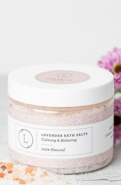 Close up of Lavender Bath Salt Soak - Epsom Dead Sea and pink Himalayan salt jar | Lizush