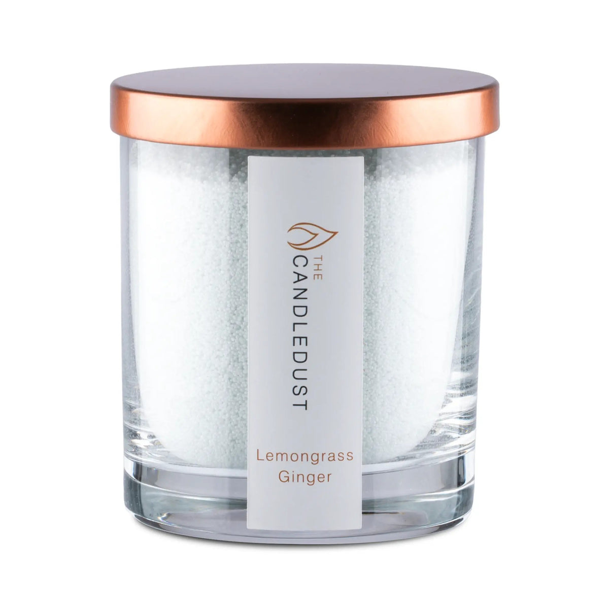 Candledust Lemongrass Ginger scented pearled candle in a 160g glass jar with cotton wick