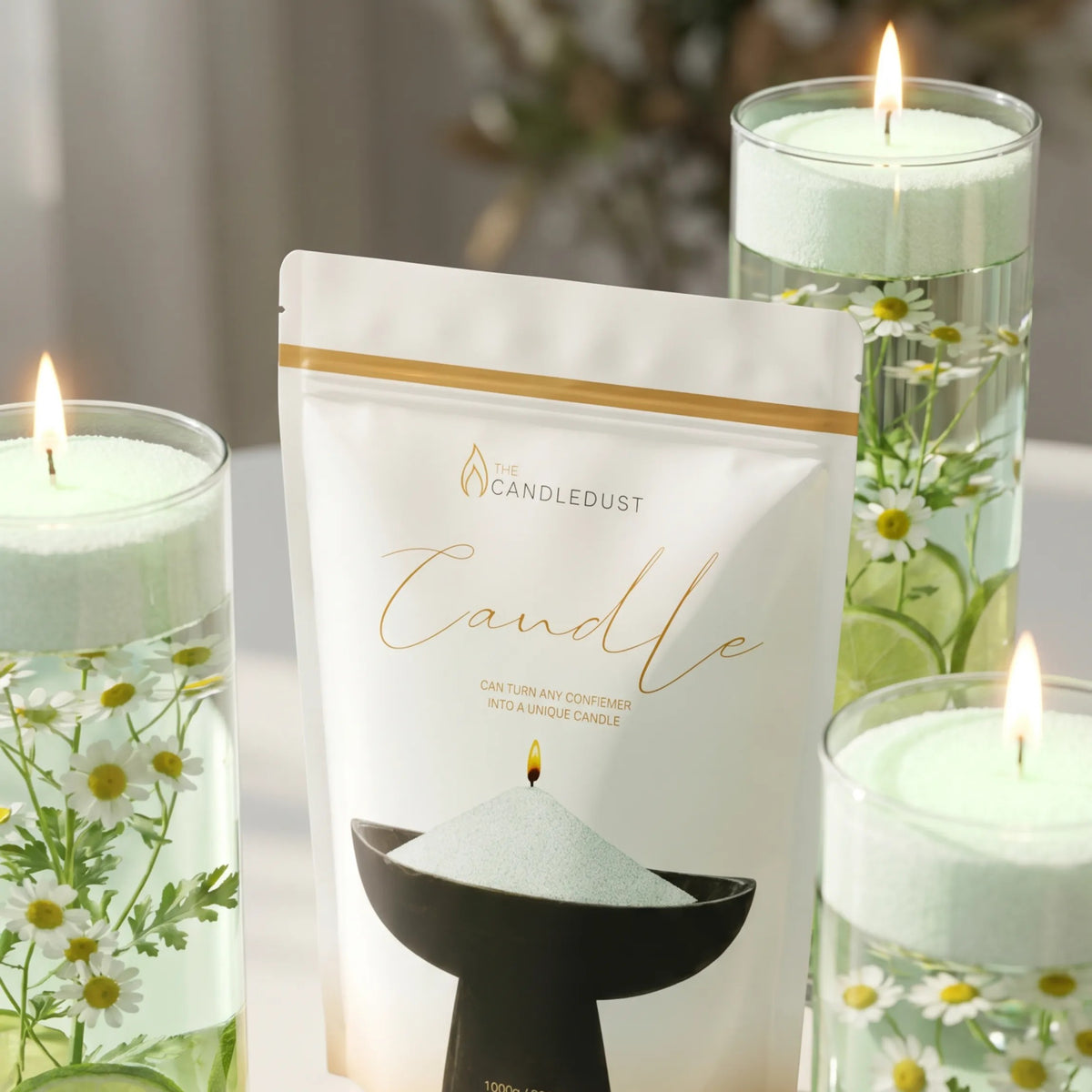 Candledust Lemongrass Ginger scented pearled candle sand in a 1kg resealable refill pouch and three lit candles