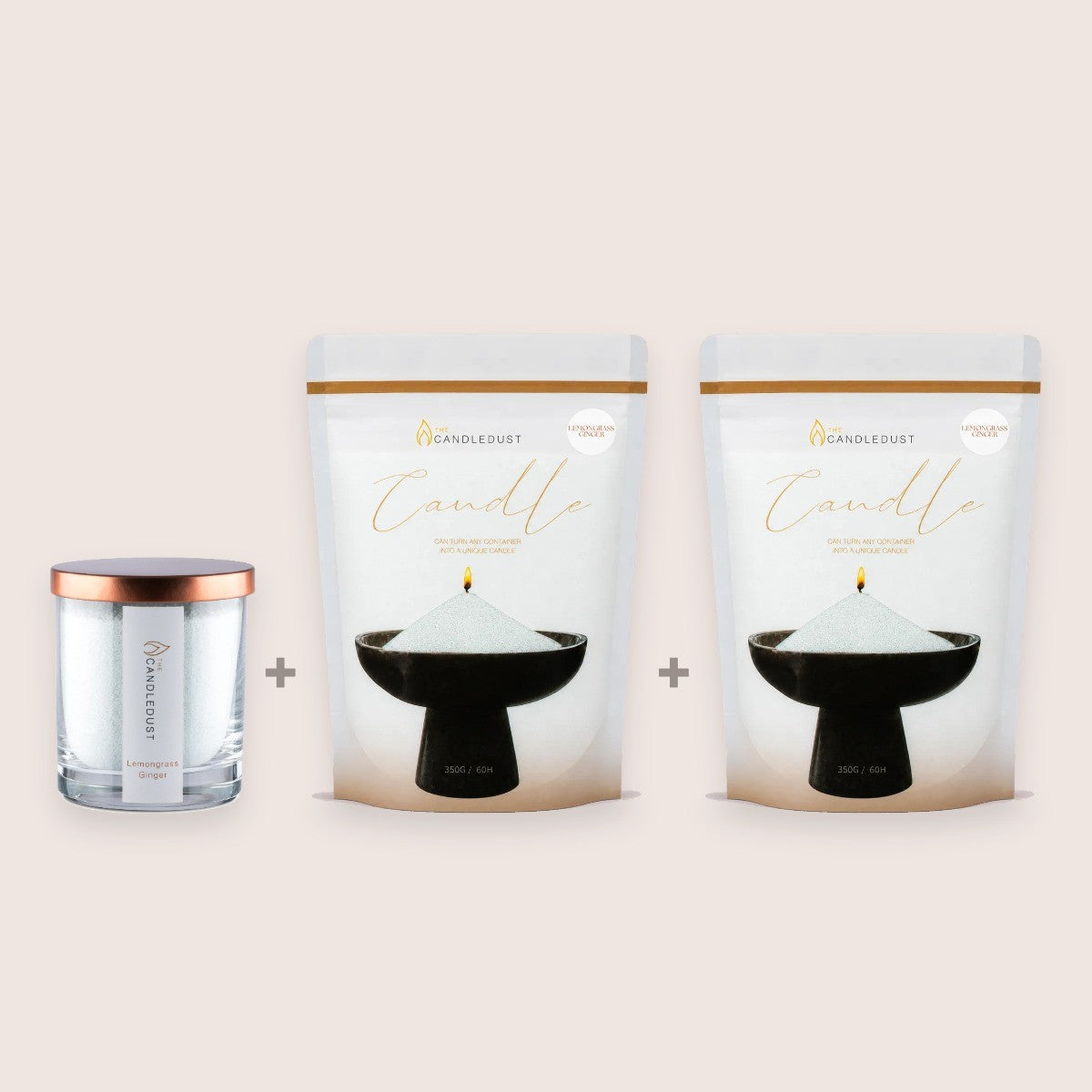 Candledust Lemongrass Ginger Starter Set including a 160g glass candle and two 350g pearled candle sand refill pouches