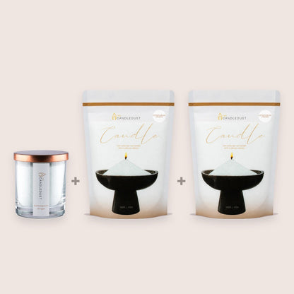 Candledust Lemongrass Ginger Starter Set including a 160g glass candle and two 350g pearled candle sand refill pouches