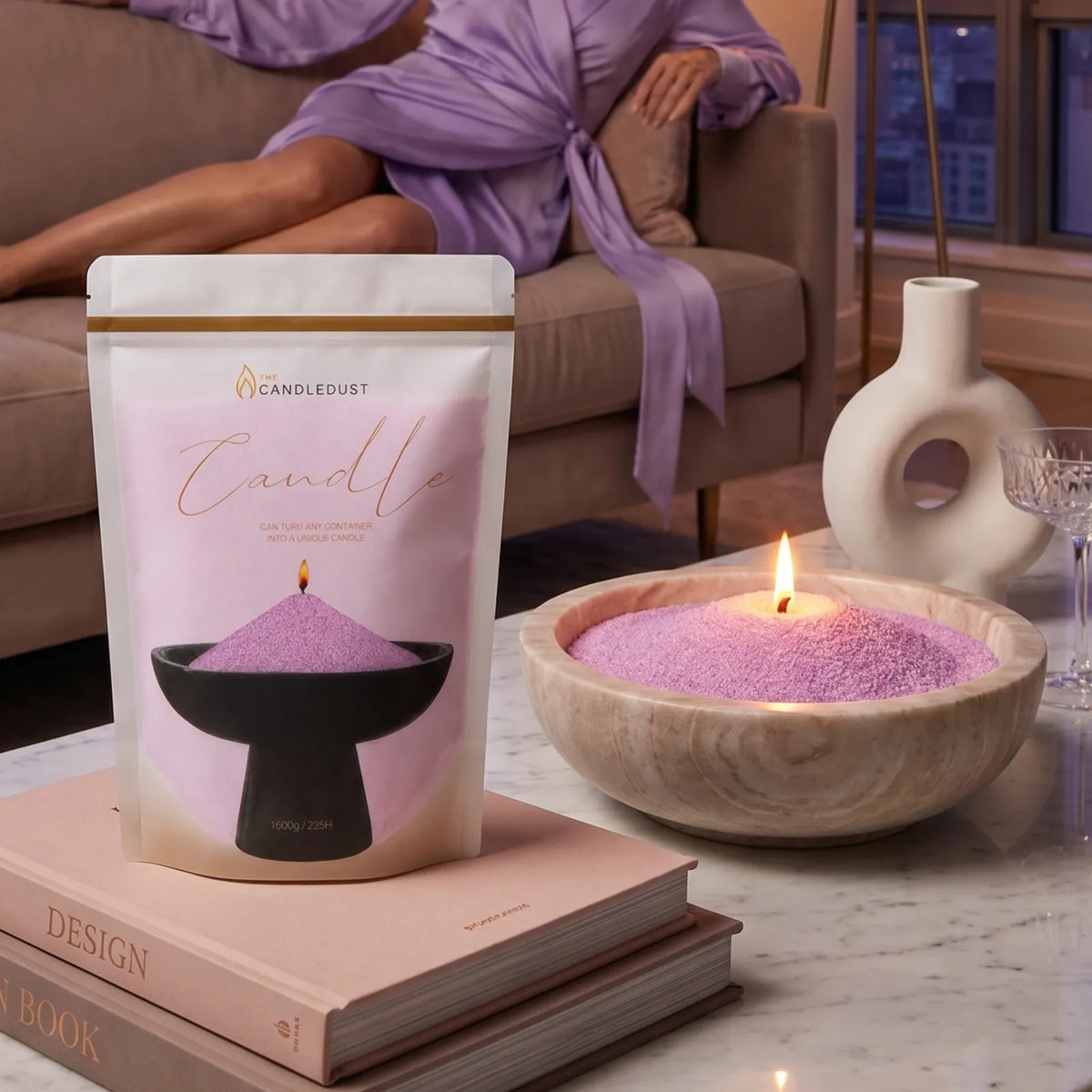 Cozy living room atmosphere with a Lilac pearled sand candle burning cleanly on a coffee table