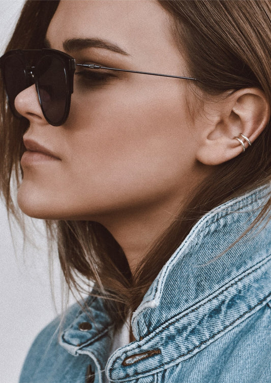 Handmade silver Line Ear Cuff wearing by young female model