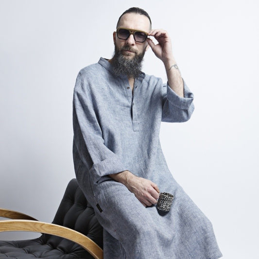Linen Men's Dress - Blue / Gray