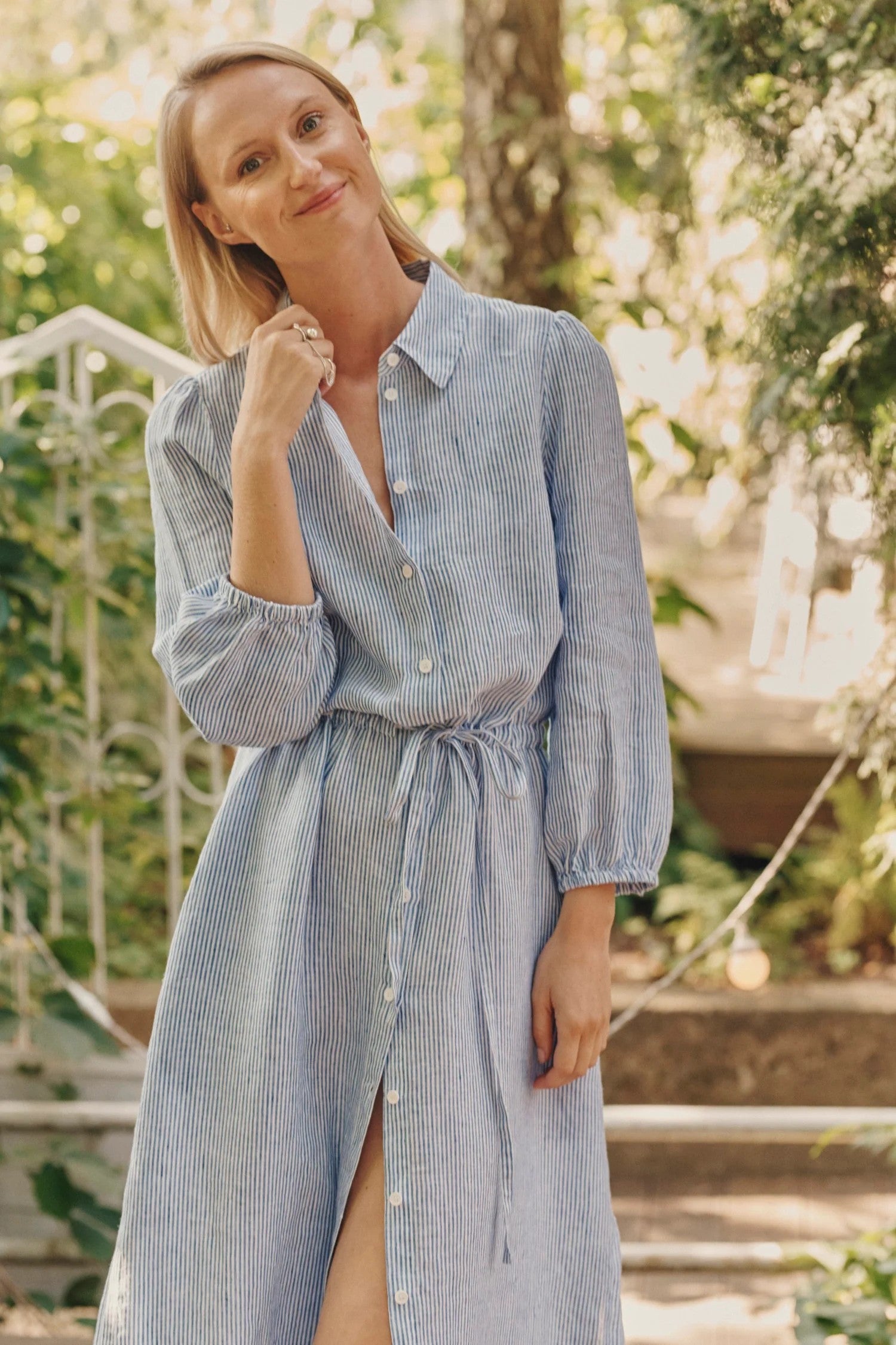 blue and white striped linen shirt dress Blue and White Striped Shirt Dress Linen Midi
