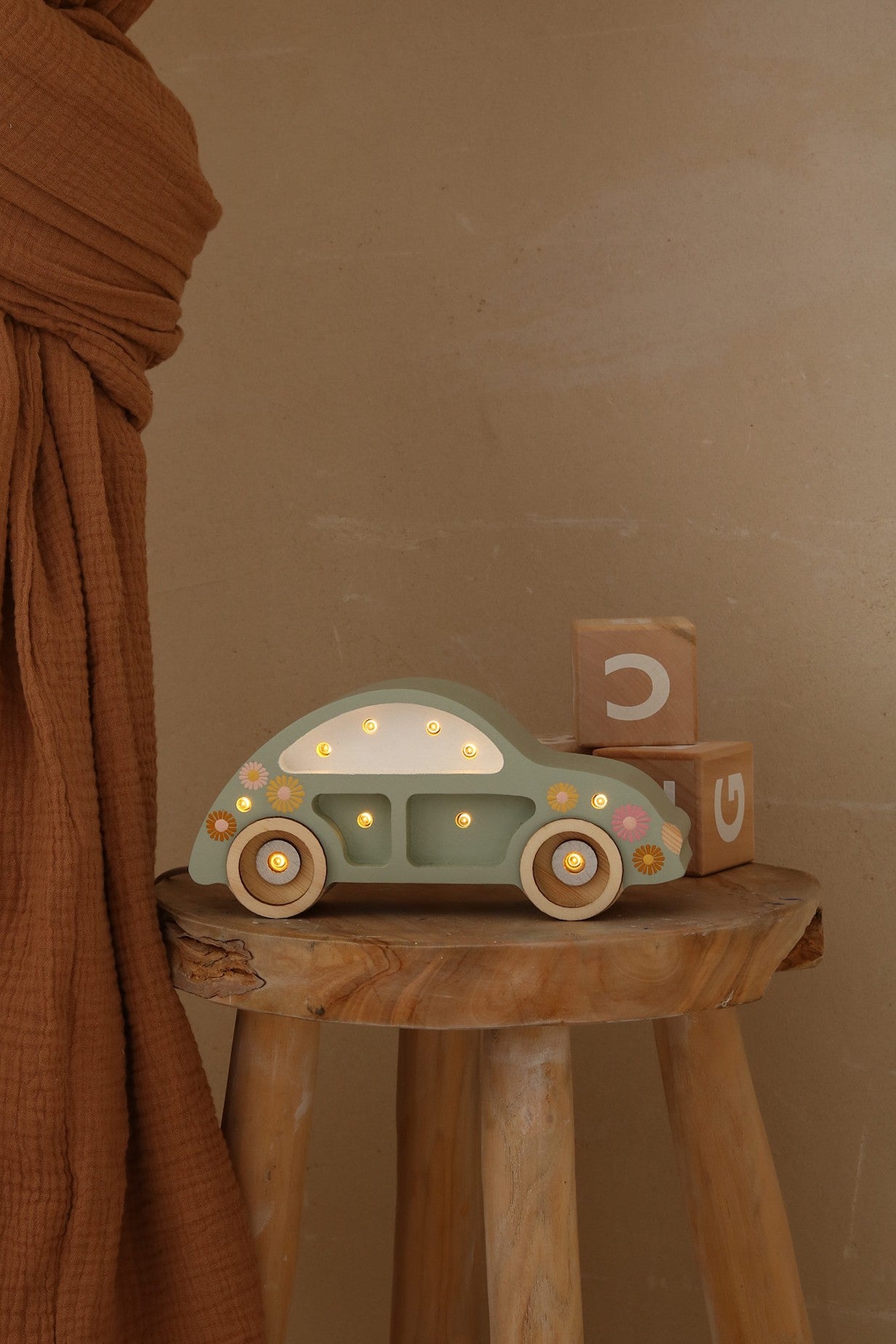 Handmade solid pine wood green retro car lamp with LED glow