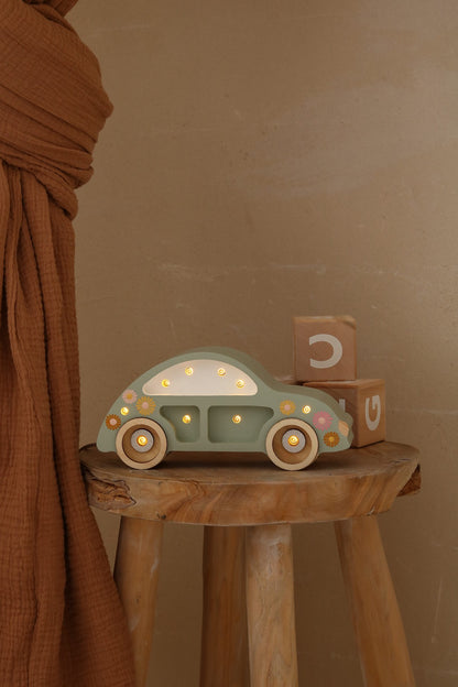 Handmade solid pine wood green retro car lamp with LED glow