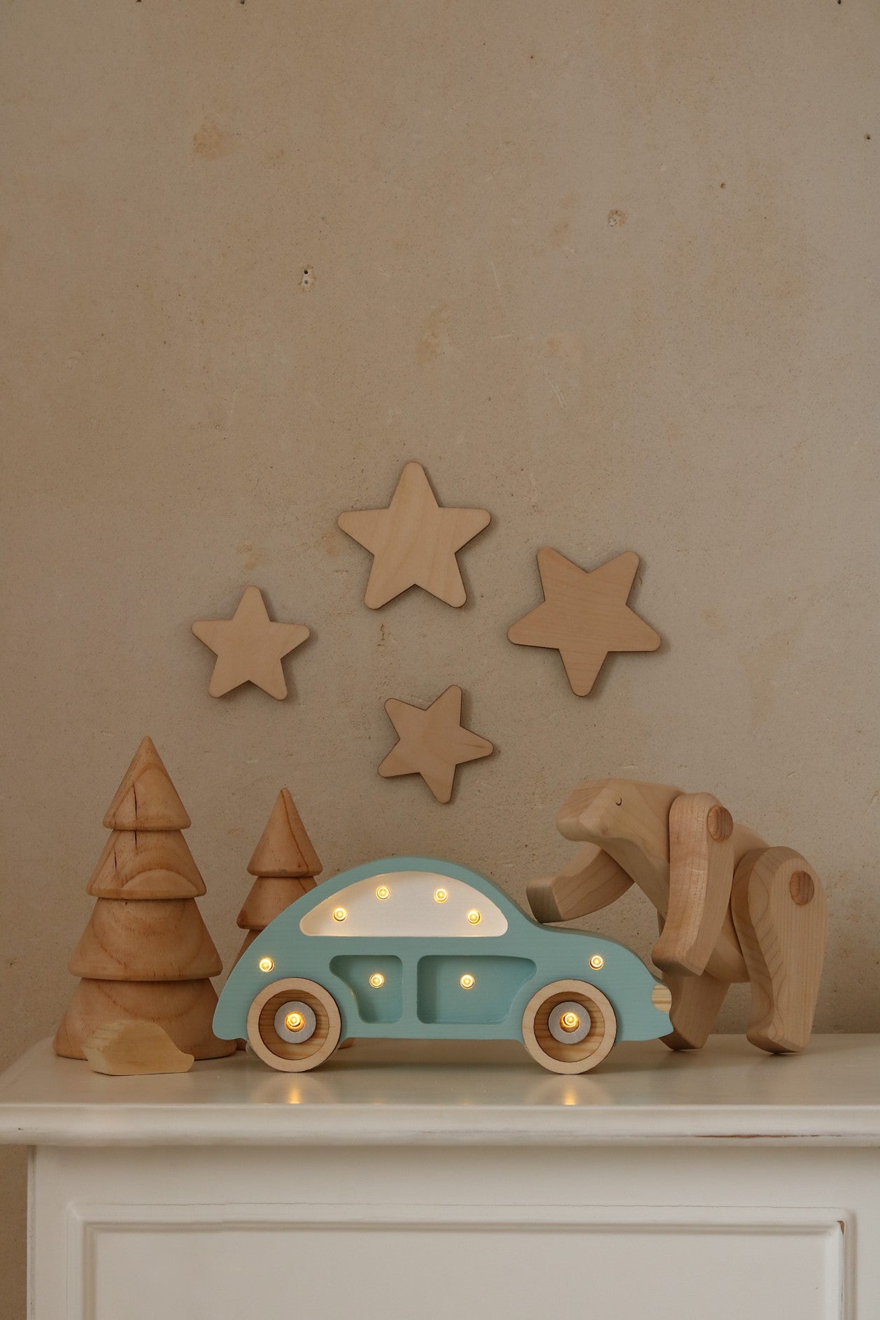 Small dimmable wooden car nightlight for a nursery