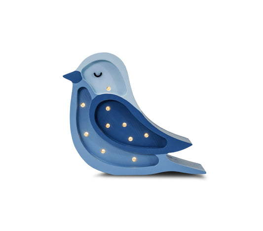 Mini wooden bird night light for nature themed nursery decor - blue