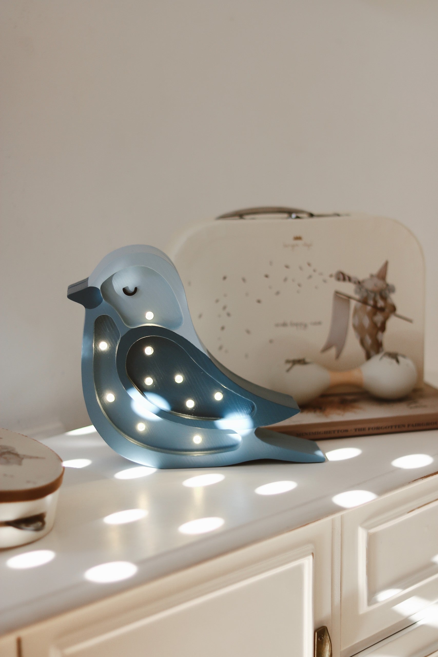 Handmade solid pine wood little bird lamp with LED glow