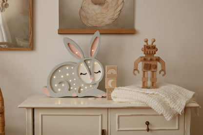 Sweet wooden grey bunny rabbit night light for nursery decor.