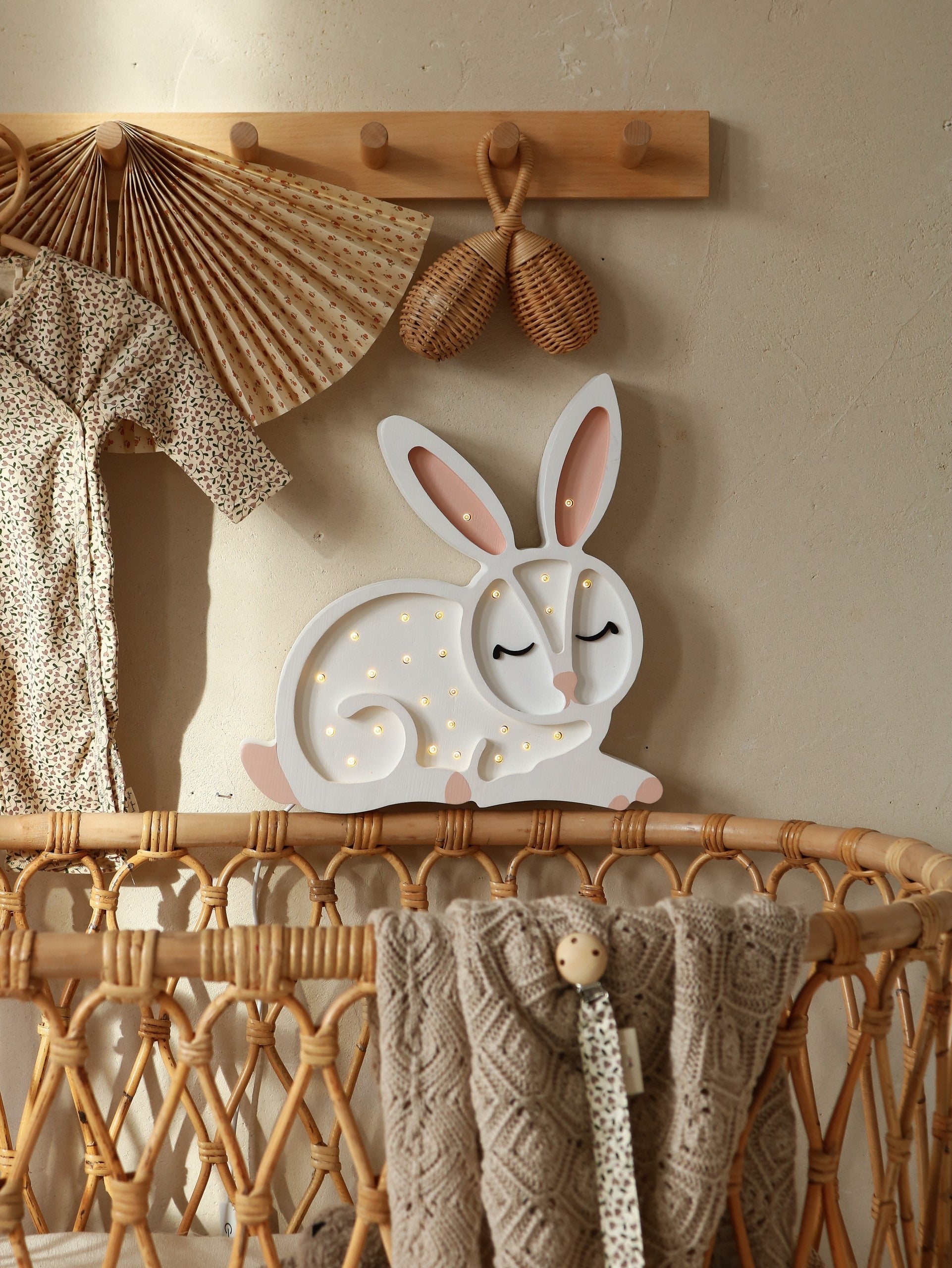 Handmade solid pine wood bunny lamp with warm LED glow - white