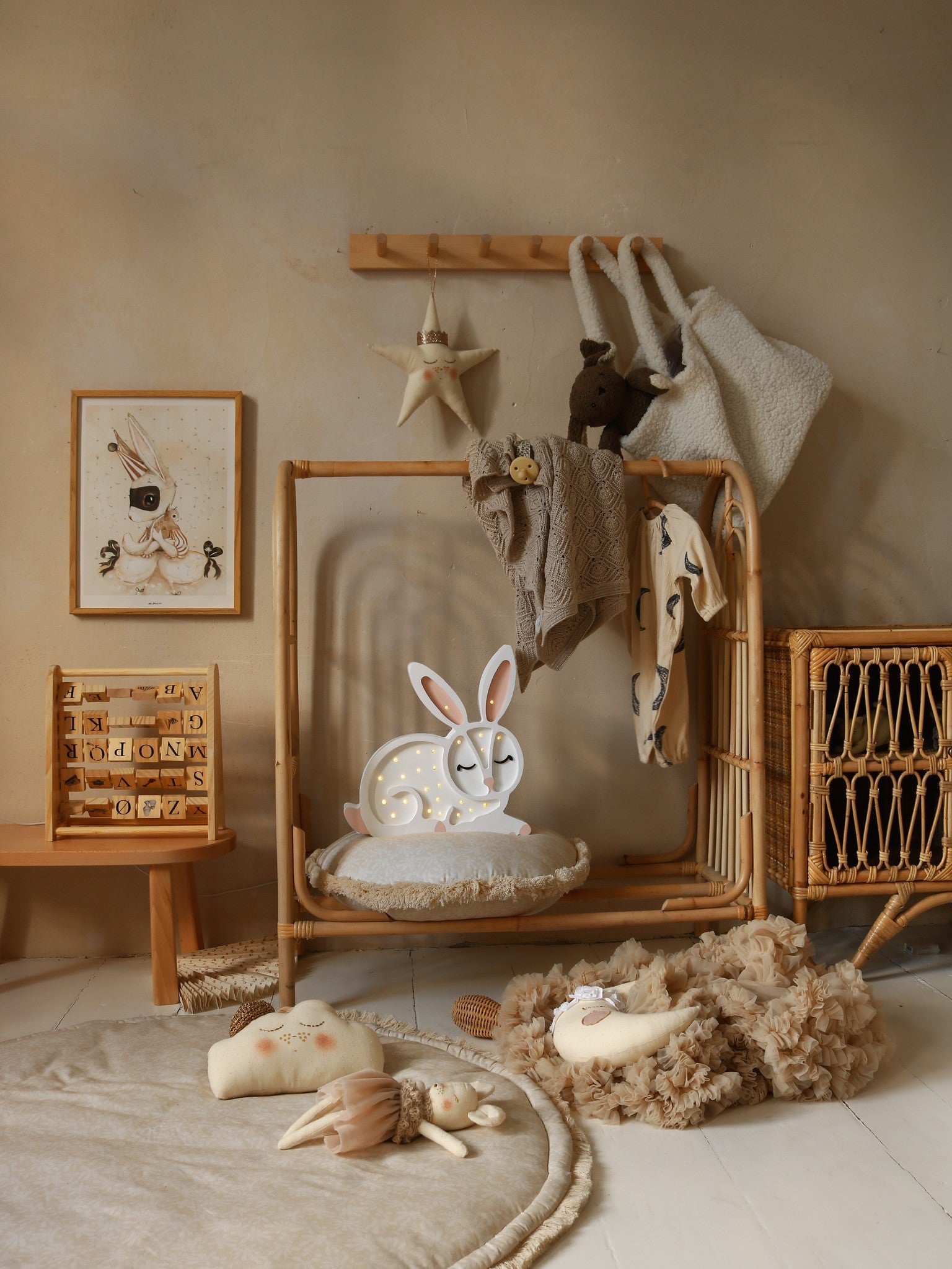 Cozy ambient lighting featuring a cute wooden bunny