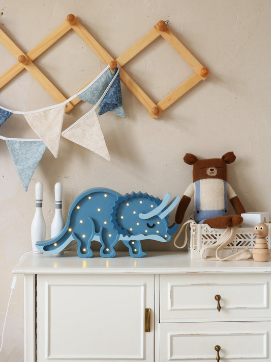 Handmade solid pine wood Triceratops lamp with LED lights - blue