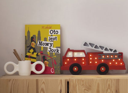 Handmade solid pine wood fire engine lamp with LED lights