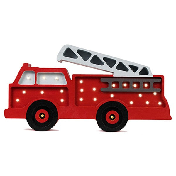 Red wooden firetruck night light for kids room decor.