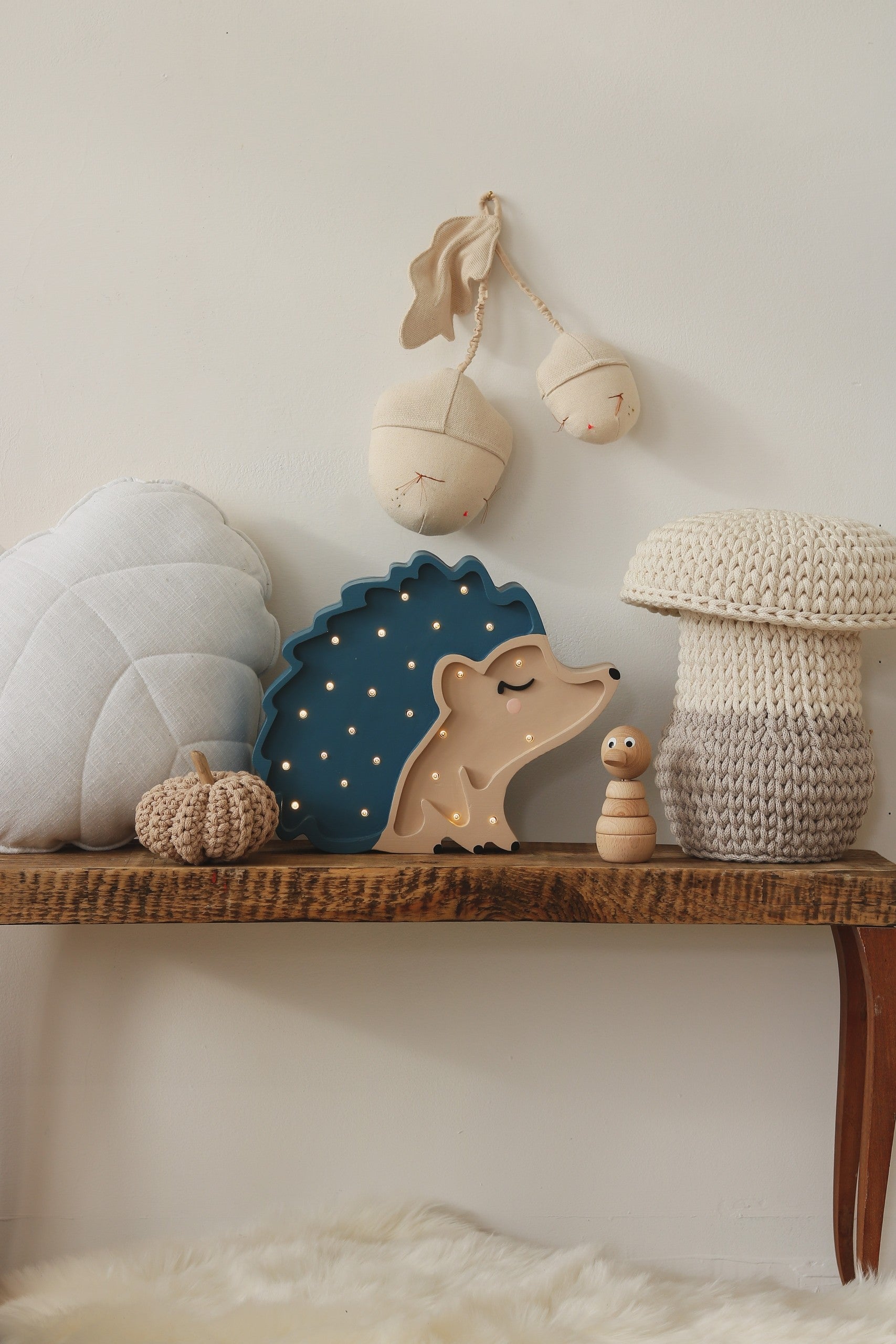 Cute wooden blue hedgehog night light for woodland nursery decor
