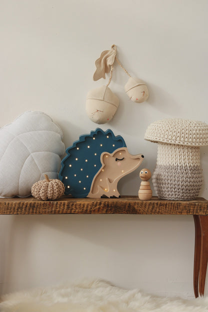 Cute wooden blue hedgehog night light for woodland nursery decor
