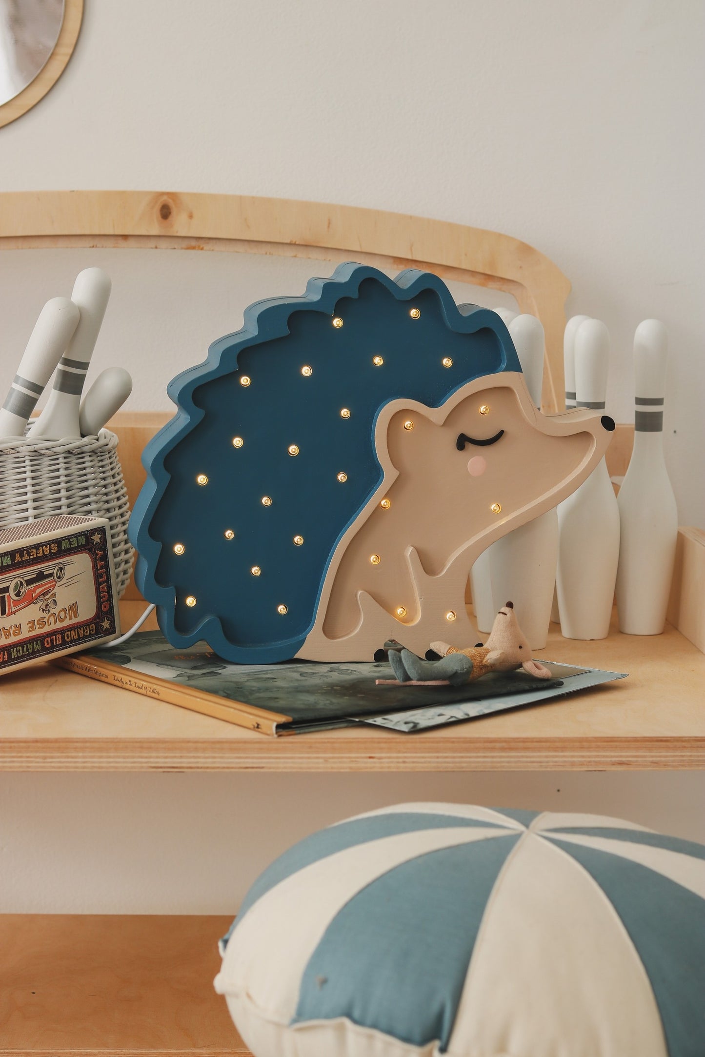 Handmade solid pinewood blue hedgehog lamp with warm LED glow