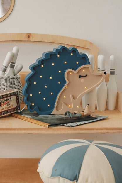 Handmade solid pinewood blue hedgehog lamp with warm LED glow