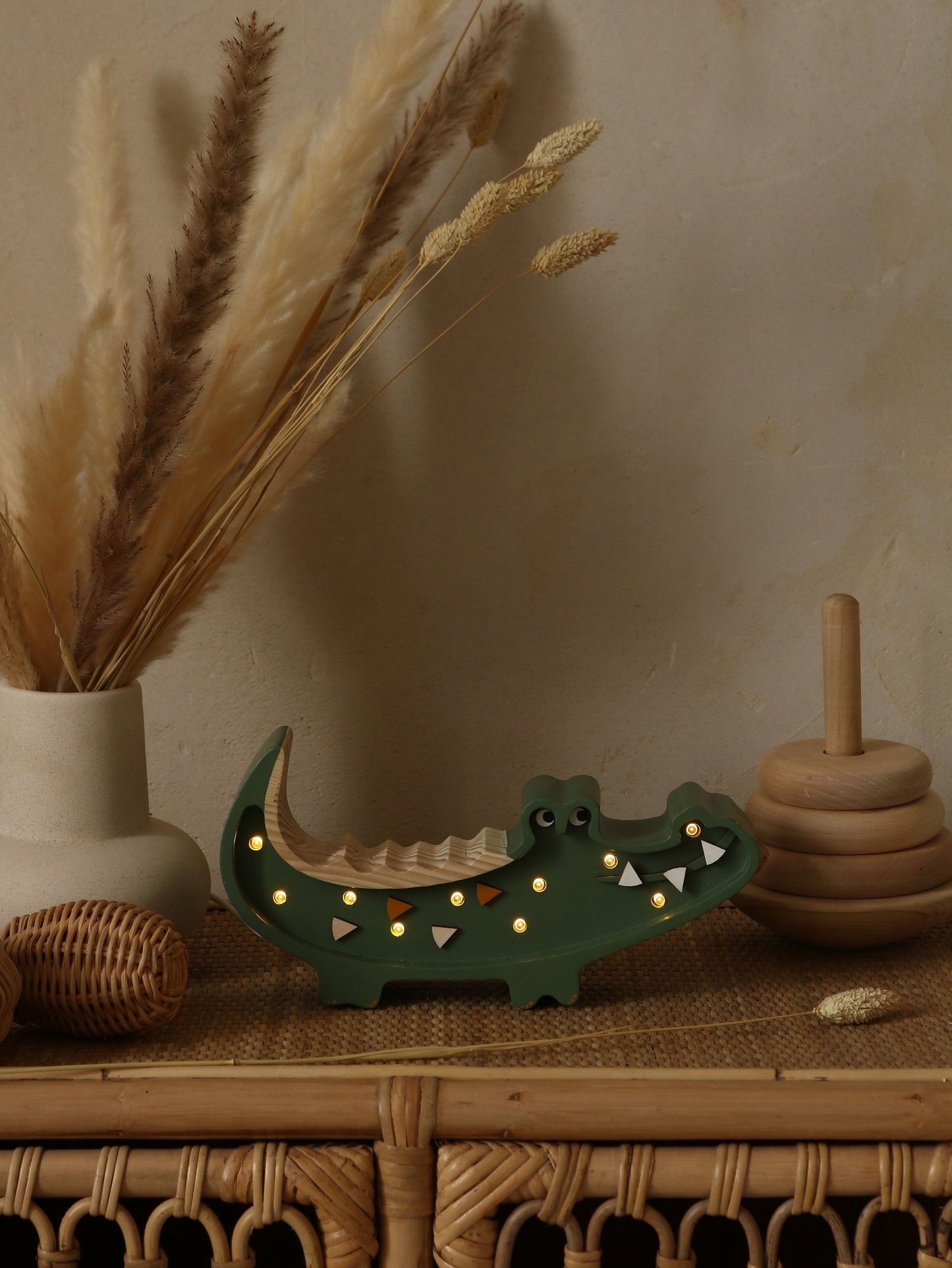 Little Lights Mini Crocodile Lamp - Hand painted wooden animal night light on chest of drawes