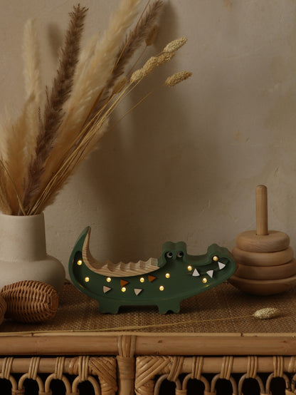 Little Lights Mini Crocodile Lamp - Hand painted wooden animal night light on chest of drawes