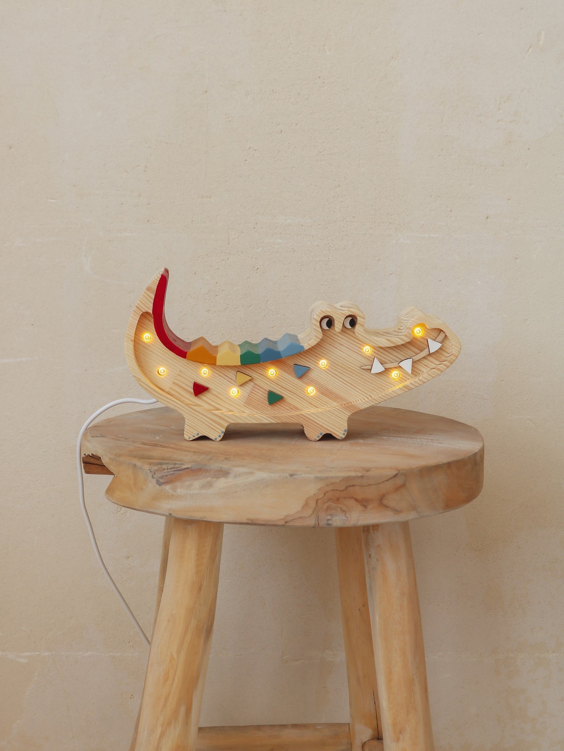 Little Lights Mini Crocodile Lamp - Hand painted wooden animal night light on a stool
