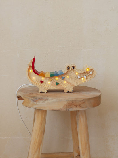 Little Lights Mini Crocodile Lamp - Hand painted wooden animal night light on a stool

