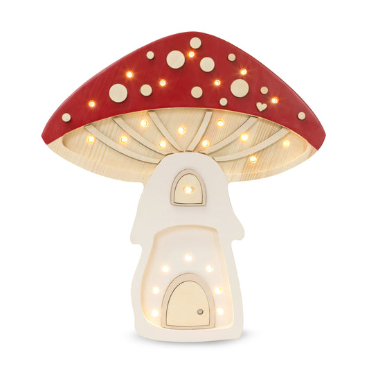 Handmade solid pine wood toadstool lamp with warm LEDs - red